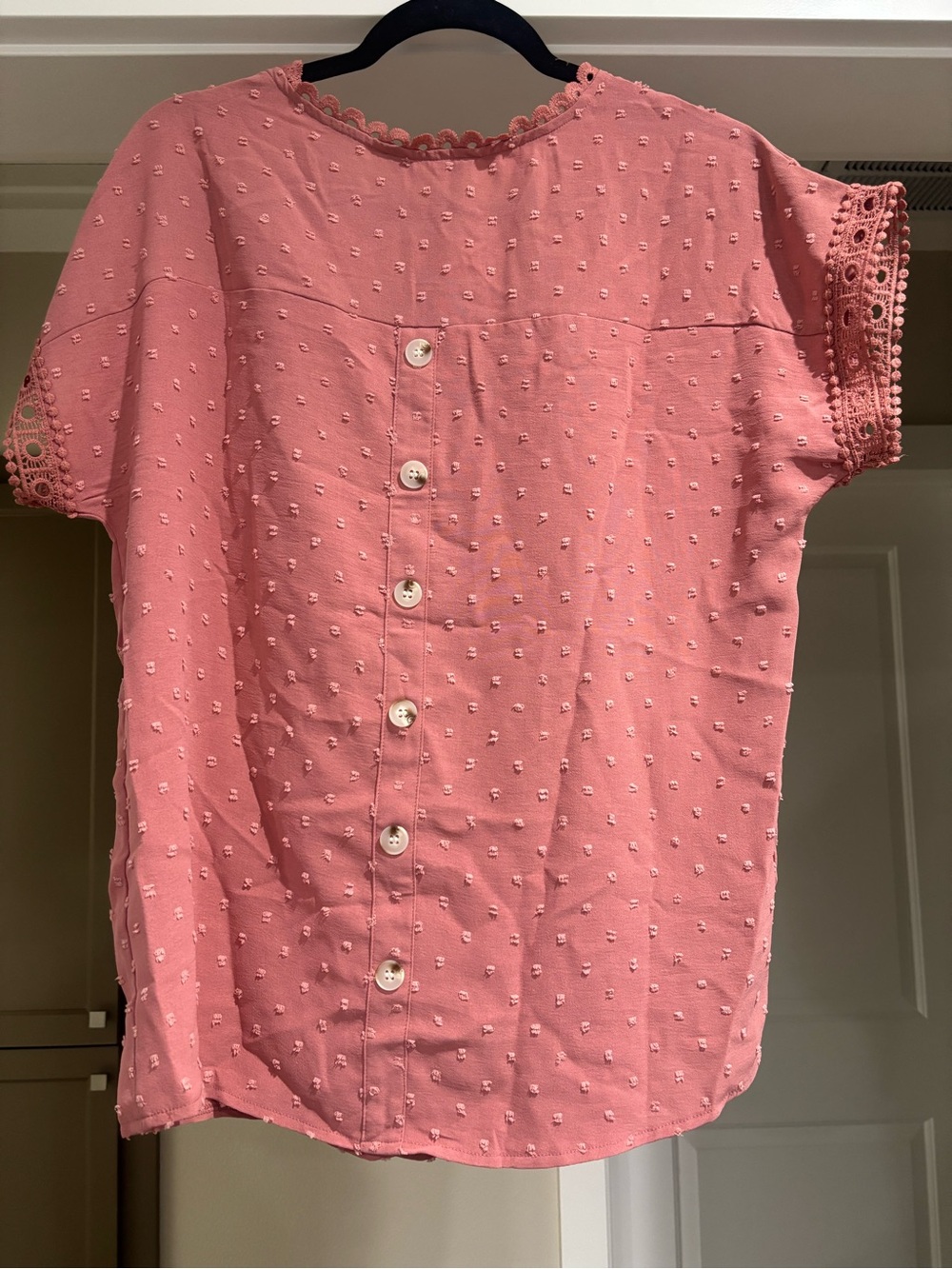 Dokotoo Rose Pink Eyelet Lace Short Sleeve Blouse - Picture 2 of 5